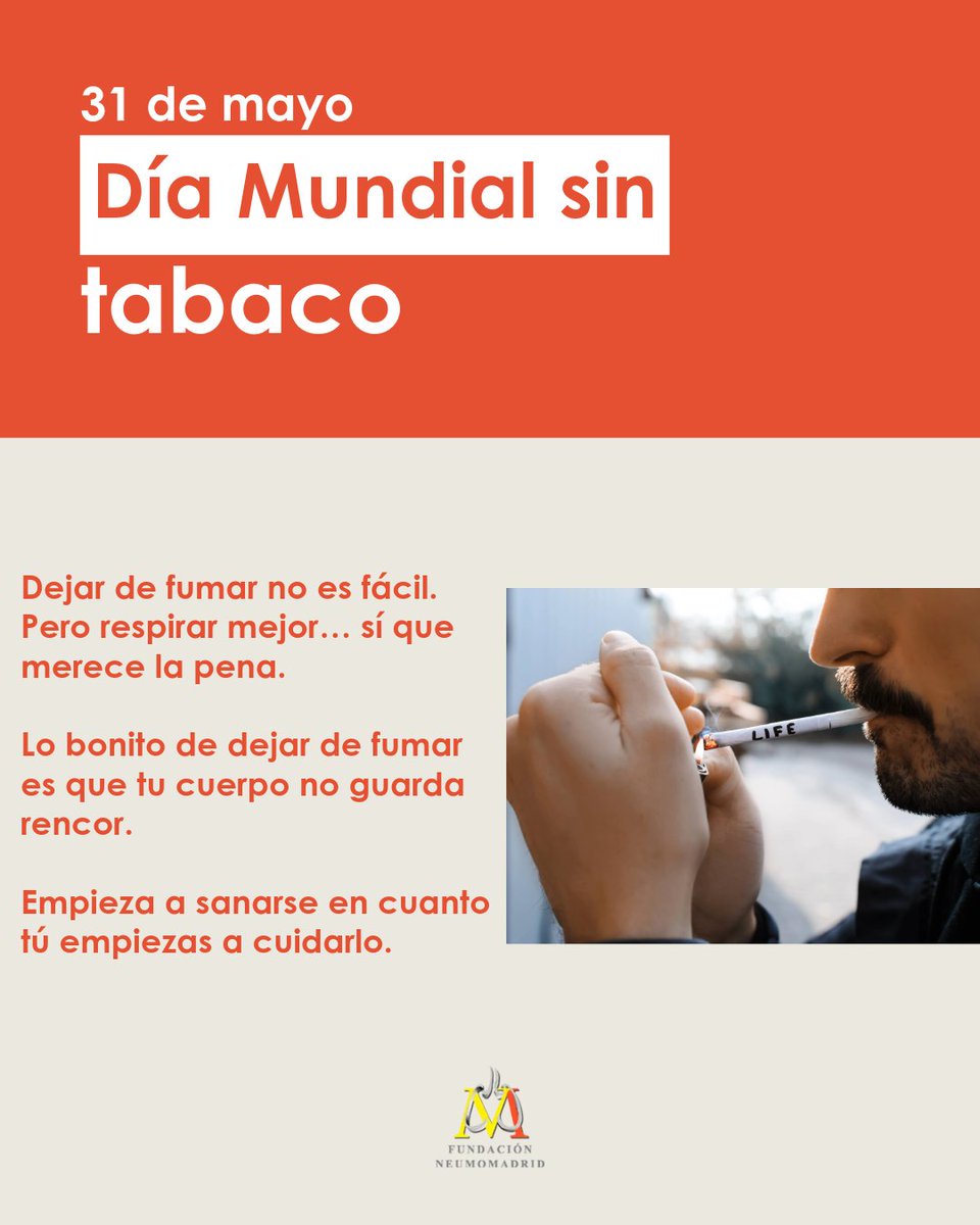 🚭 31 de mayo – Día Mundial Sin Tabaco

Dejar de fumar no es fácil, pero respirar mejor sí merece la pena.

Nunca es tarde para darte una nueva oportunidad.

neumomadrid.org/guia-del-dia-m…

#diamundialsintabaco #Neumomadrid #respirarbien