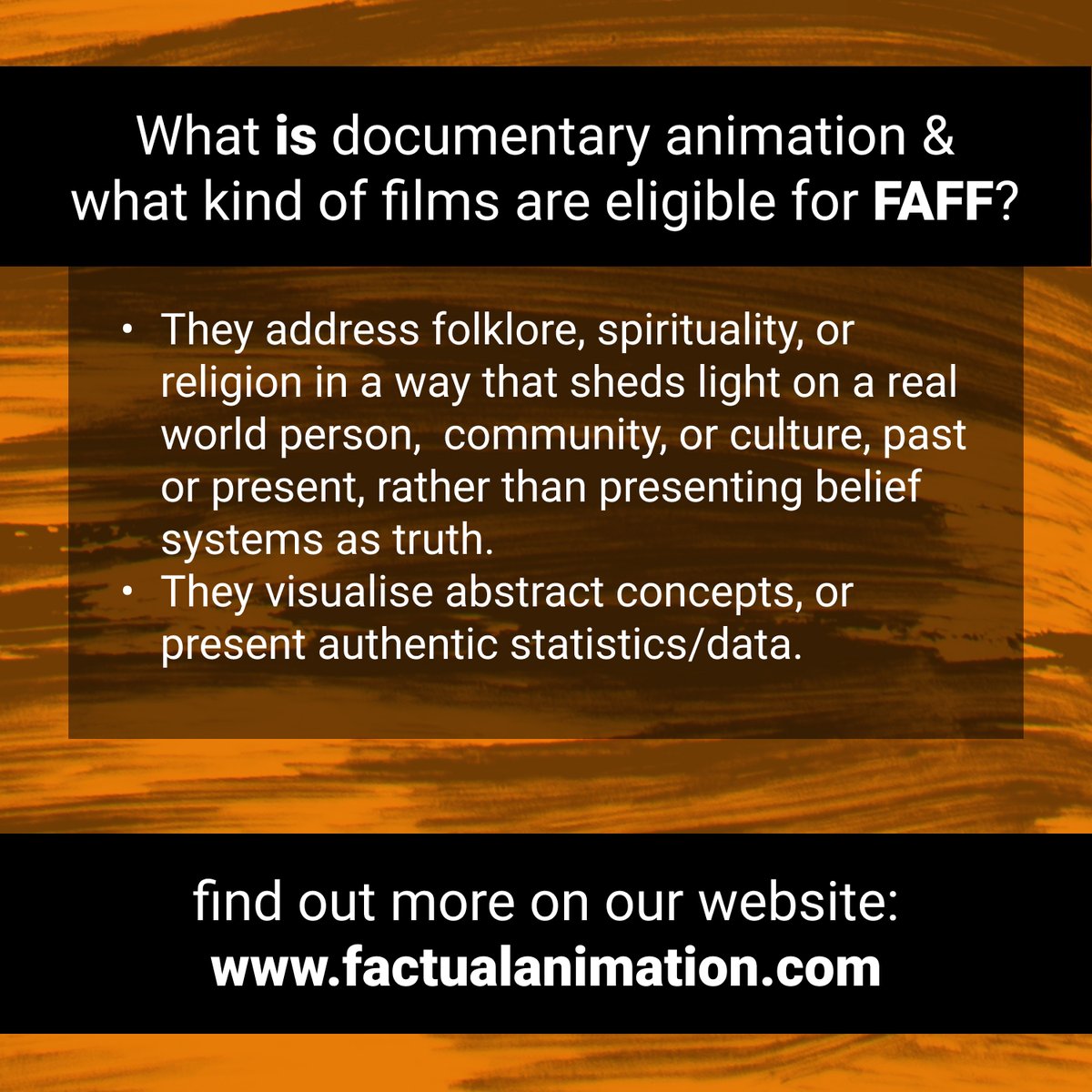 Open Call for Factual Animation Film Festival 2025!

Unsure if your film is eligible?
Find out what documentary animation is, and check our last years on our festival: factualanimation.com

Submissions are open via : 
filmfreeway.com/FAFF
May 29th – Early Bird Deadline