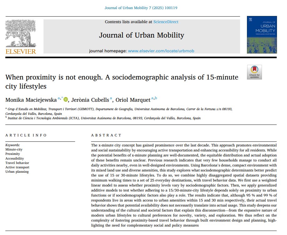 Very interesting-looking new research into who actually lives with a 15-minute city lifestyle in a 15-minute city like Barcelona - very few it turns out. doi.org/10.1016/j.urbm…
