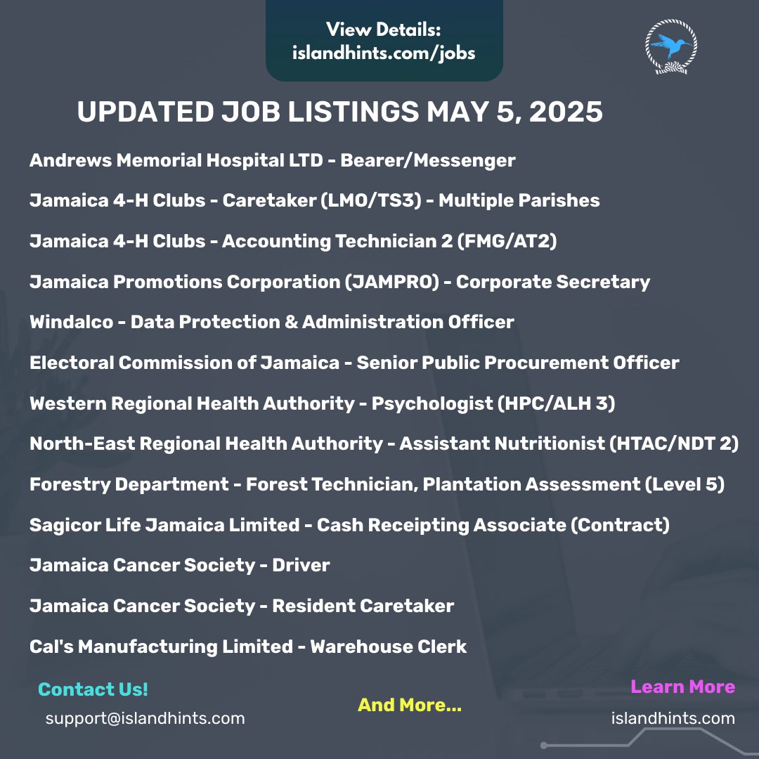 New Job Listings Available Now

🔗 Apply now: islandhints.com/jobs

⚠️ Applications are not submitted on our website. Visit the full listing for details.

📣 Tag a friend who’s job hunting &amp; follow <a href="/islandhints/">Islandhints</a> for daily updates!

#JobsInJamaica #IslandHints
