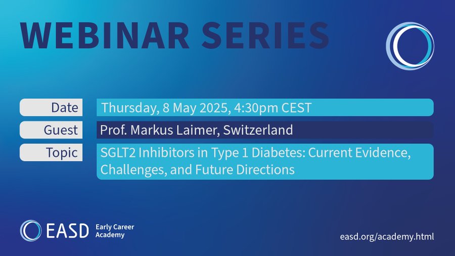 EASD Early Career Academy (@easdacademy) on Twitter photo 🚨Just 3 days to go!
Join us this Thursday for our next webinar with Prof. Dr. <a href="/markuslaimer/">Markus Laimer</a> (University Hospital Bern - <a href="/inselgruppe/">Insel Gruppe</a>) on #SGLT2 inhibitors in #type1diabetes.
🗓️Thurs, 08 May 2025 |🕠16:30 CEST
Register here 🔗👉 us06web.zoom.us/meeting/regist…
#earlycareer #webinar 🚨Just 3 days to go!
Join us this Thursday for our next webinar with Prof. Dr. <a href="/markuslaimer/">Markus Laimer</a> (University Hospital Bern - <a href="/inselgruppe/">Insel Gruppe</a>) on #SGLT2 inhibitors in #type1diabetes.
🗓️Thurs, 08 May 2025 |🕠16:30 CEST
Register here 🔗👉 us06web.zoom.us/meeting/regist…
#earlycareer #webinar