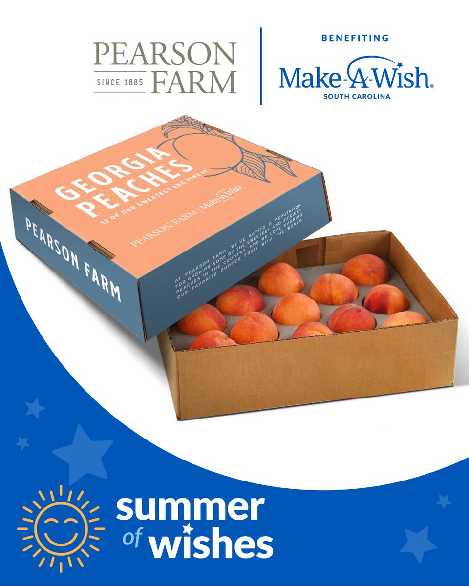 Make-A-Wish South Carolina (@makeawishsc) on Twitter photo ๐ Peaches with purpose!
Now through June, <a href="/PearsonFarmGA/">Pearson Farm</a> is donating $10 from every 13-count box to Make-A-Wish SC to help grant life-changing wishes.
Order now and make this #SummerOfWishes even sweeter โ pearsonfarm.com/products/make-โฆ
#MakeAWishSC #PeachesWithPurpose ๐ Peaches with purpose!
Now through June, <a href="/PearsonFarmGA/">Pearson Farm</a> is donating $10 from every 13-count box to Make-A-Wish SC to help grant life-changing wishes.
Order now and make this #SummerOfWishes even sweeter โ pearsonfarm.com/products/make-โฆ
#MakeAWishSC #PeachesWithPurpose
