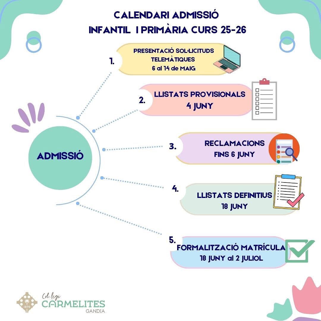 CALENDARI ADMISSIÓ INFANTIL I PRIMÀRIA CURS 25-26📝💻

Si tens dubtes amb el procés, vine i t’ajudarem.

Cita prèvia: colegiocarmelitas.es/admision/

———

CALENDARIO ADMISIÓN INFANTIL I PRIMARIA CURSO 25-26📝💻

Si tienes dudas con el proceso, ven y te ayudaremos.