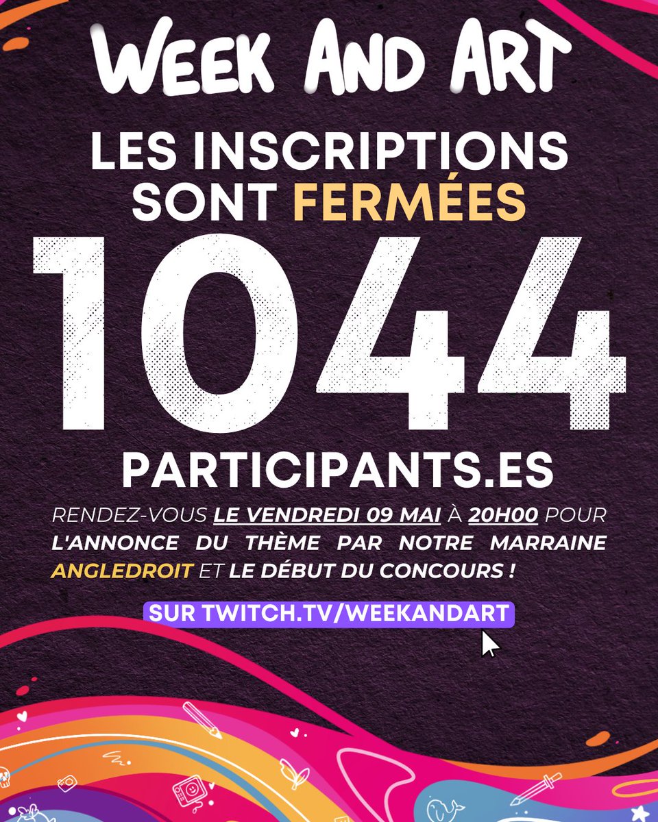 Week And Art (@weekandart) on Twitter photo Les inscriptions pour le WeekAndArt 2025 sont terminées 🎉
Vous êtes 1044 artistes à participer cette année !
Rendez-vous le 9 mai à 20h sur notre chaîne Twitch pour découvrir le thème choisi par notre marraine <a href="/AngleDroit_/">Angle Droit</a> 👀🎨 Les inscriptions pour le WeekAndArt 2025 sont terminées 🎉
Vous êtes 1044 artistes à participer cette année !
Rendez-vous le 9 mai à 20h sur notre chaîne Twitch pour découvrir le thème choisi par notre marraine <a href="/AngleDroit_/">Angle Droit</a> 👀🎨
