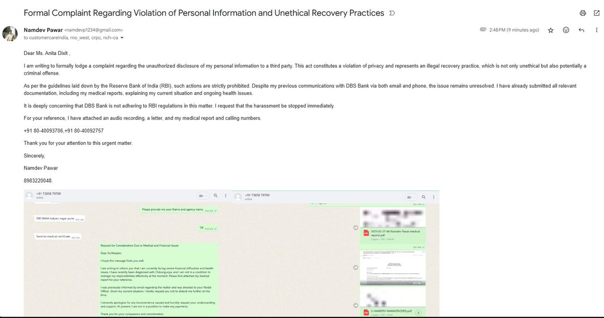 <a href="/dbsbank/">DBS Bank</a>  <a href="/RBI/">ReserveBankOfIndia</a> <a href="/RBIsays/">RBI Says</a> I am writing to formally lodge a complaint regarding the unauthorized disclosure of my personal information to a third party. This act constitutes a violation of privacy and represents an illegal recovery practice, which is not only unethical  criminal off
