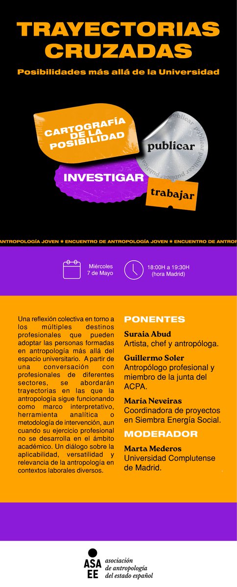 Dimecres participaré en una sessió virtual sobre les sortides professionals de l'#antropologia més enllà de l'acadèmia, representant l'<a href="/ACPAntropologia/">ACPA</a>, en el marc d'un programa organitzat per la Red Joven de l'<a href="/asaeeantropo/">ASAEE</a>.