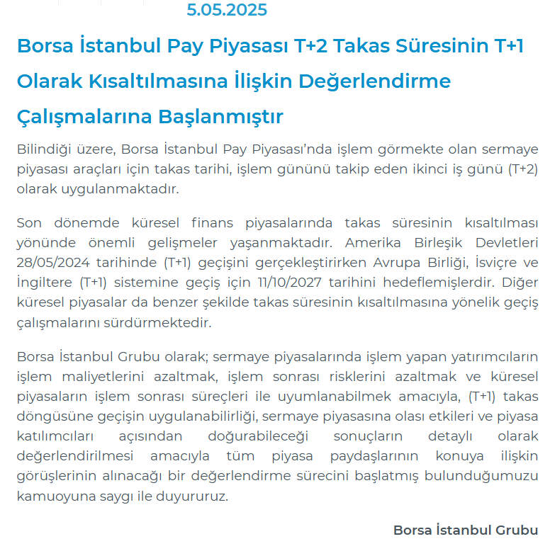 MatriksHaber's tweet photo. Borsa İstanbul, pay piyasası T+2 takas süresinin, T+1 olarak kısaltılmasına ilişkin değerlendirme çalışmalarına başladı. https://t.co/YlFiOgq195