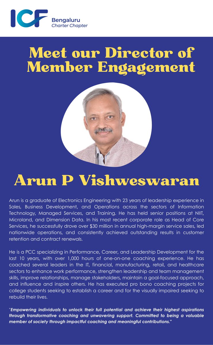 ICFBengaluru's tweet photo. We welcome our newly appointed Managing Committee to the ICF Bengaluru Charter Chapter. Meet our Director of Member Engagement, Arun PV, PCC. https://t.co/wp4mGQetm8