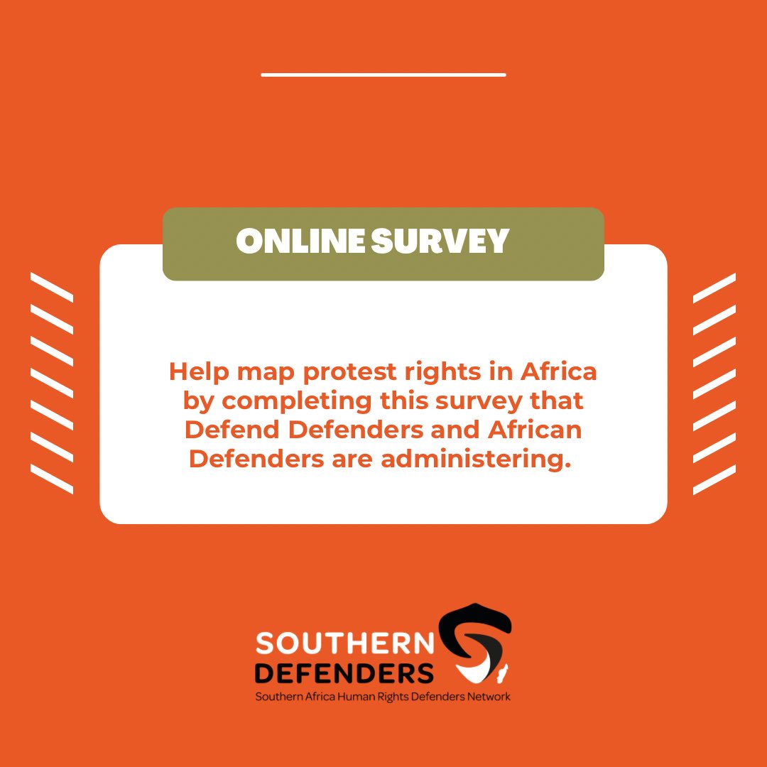SouthernDefenders (@sahrdnetwork) on Twitter photo 🗳️ To help map protest rights in Africa, please take this short, anonymous survey by <a href="/DefendDefenders/">DefendDefenders</a> and <a href="/AfricaDefenders/">AfricanDefenders</a>
🕒 It’ll take approximately 15–30 min
📣 Please share with your network!
docs.google.com/forms/d/e/1FAI…
#RightToProtest #HumanRights #Africa #CivicSpace 🗳️ To help map protest rights in Africa, please take this short, anonymous survey by <a href="/DefendDefenders/">DefendDefenders</a> and <a href="/AfricaDefenders/">AfricanDefenders</a>
🕒 It’ll take approximately 15–30 min
📣 Please share with your network!
docs.google.com/forms/d/e/1FAI…
#RightToProtest #HumanRights #Africa #CivicSpace