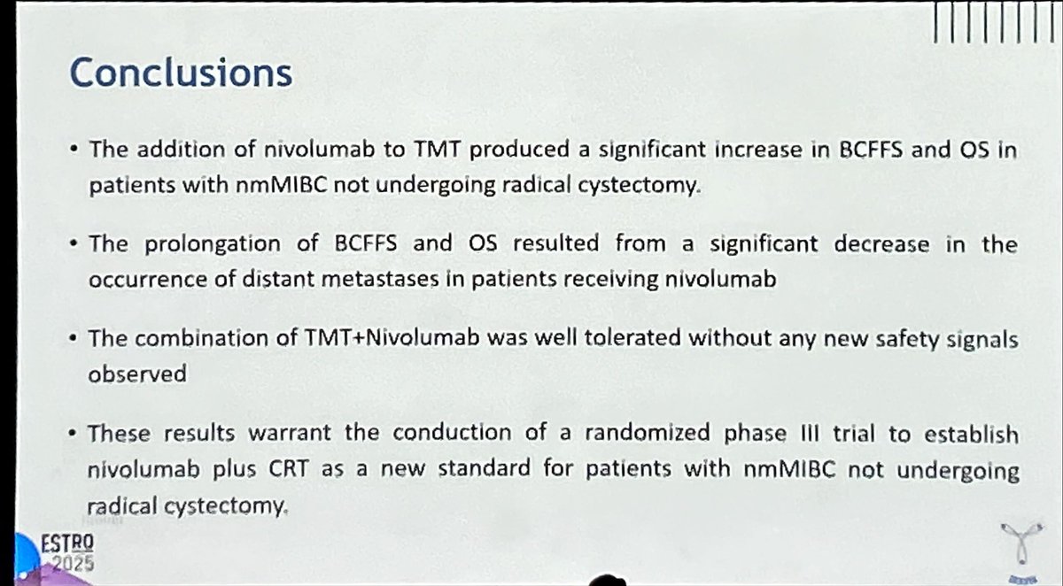 Nivolumab concurrent and adjuvant with TMT may improve bladder PFS and OS in MIBC receiving bladder preservation protocol. 

Small randomized phase II trial presented at #ESTRO25 

Waiting for <a href="/GETUG_Unicancer/">GETUG</a> BLADDER SPARING with atezo and larger phase III trials. <a href="/PaulSargos/">Paul Sargos</a>