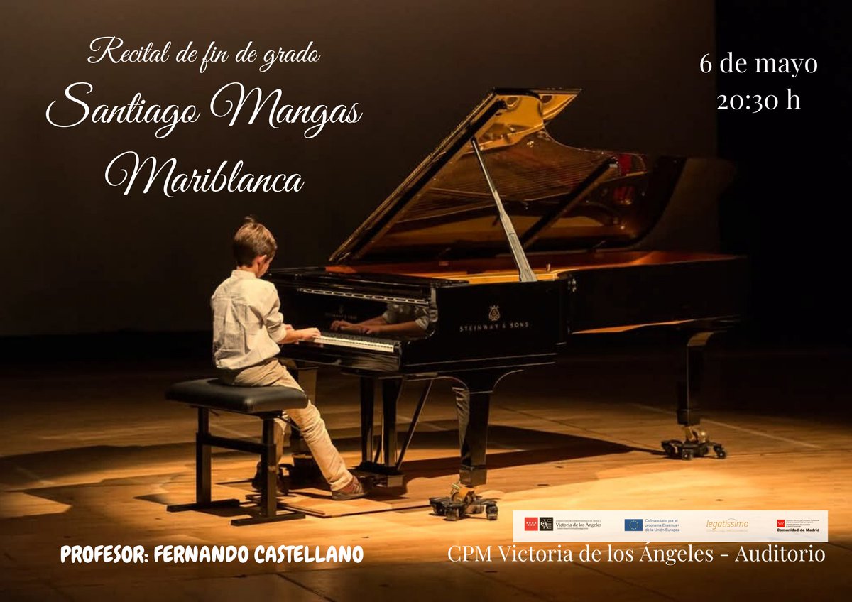 Concierto Recital Fin de Grado de nuestro alumno de piano  Santiago Mangas Mariblanca. Mañana 6 de mayo, 20:30h. Auditorio del centro  Os espera un programa musicalmente muy variado e interesante del que os adjuntamos programa y cartel. #recitalesfindegrado #piano #cpmvictoria