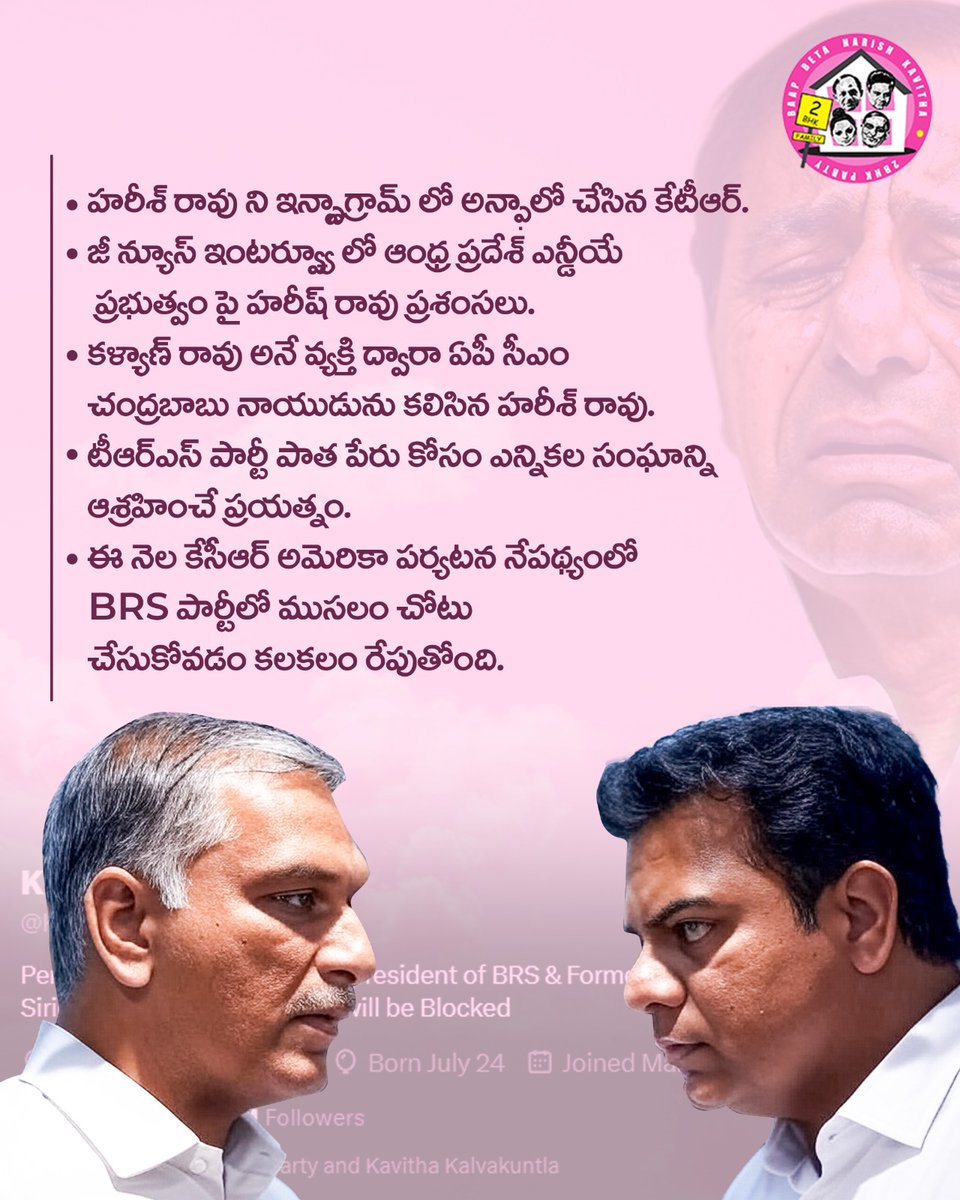 2bhkfamily's tweet photo. హరీశ్ రావు ని ఇన్స్టాగ్రామ్ లో అన్ఫాలో చేసిన కేటీఆర్....
#KCR #KCRFailedTelangana #KTR #HarishRao #KavithaKalvakuntla #BRSScamFiles #KalvakuntlaKavitha #Liquorqueen #socialmedia #tillutrolls #brspartysocialmedia #TelanganaPolitics #Trending #Telangana #Kavitha #2BHK #2bhkfamily #brsscamfiles #BRSParty
@anumula_revanth @RevanthSainyam8 @revanth_anna_fc @revanthannanews @Revanth_Sainyam