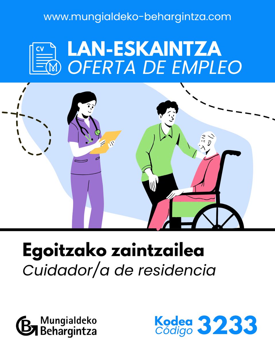 📣LAN-ESKAINTZA | OFERTA DE EMPLEO📣
Egoitzako zaintzailea 🦽🍽️🚿 Cuidador/a de residencia
Kodea: 3233

👉 labur.eus/gqvmlmol

#laneskaintza #ofertadetrabajo #lana #trabajo #curriculumvitae #MungialdekoBehargintza #BehargintzaMungia #behargintza #Mungia #MungiakoUdala