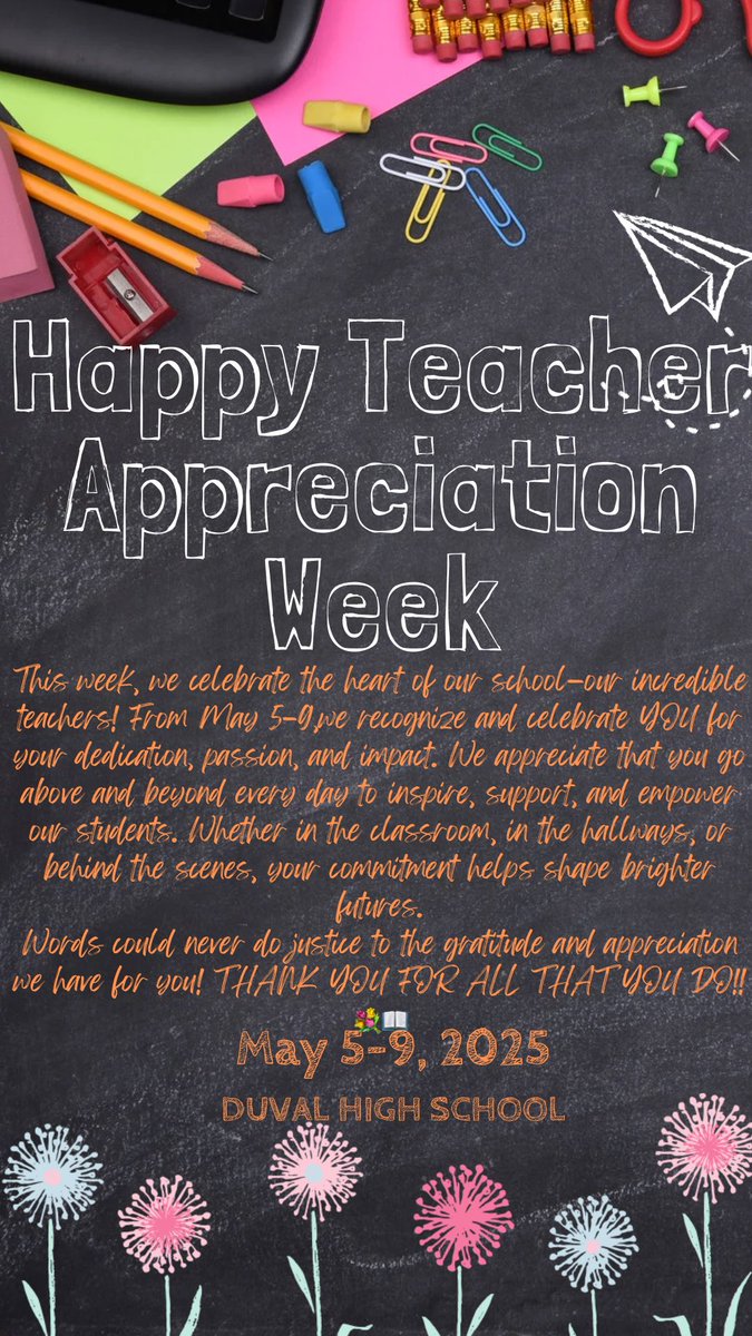 Happy Teacher Appreciation Week to our AMAZING Tiger teachers and educators! It is because of YOU that our students are equipped to go out into the world and make their marks with pride and skill! Thank you for all that you do!!! <a href="/DuValHS20706/">DuVal High School</a> <a href="/DuValHSTigers/">DuVal Athletics</a> <a href="/DuValPTSA/">DuValPTSA</a> #TAW25