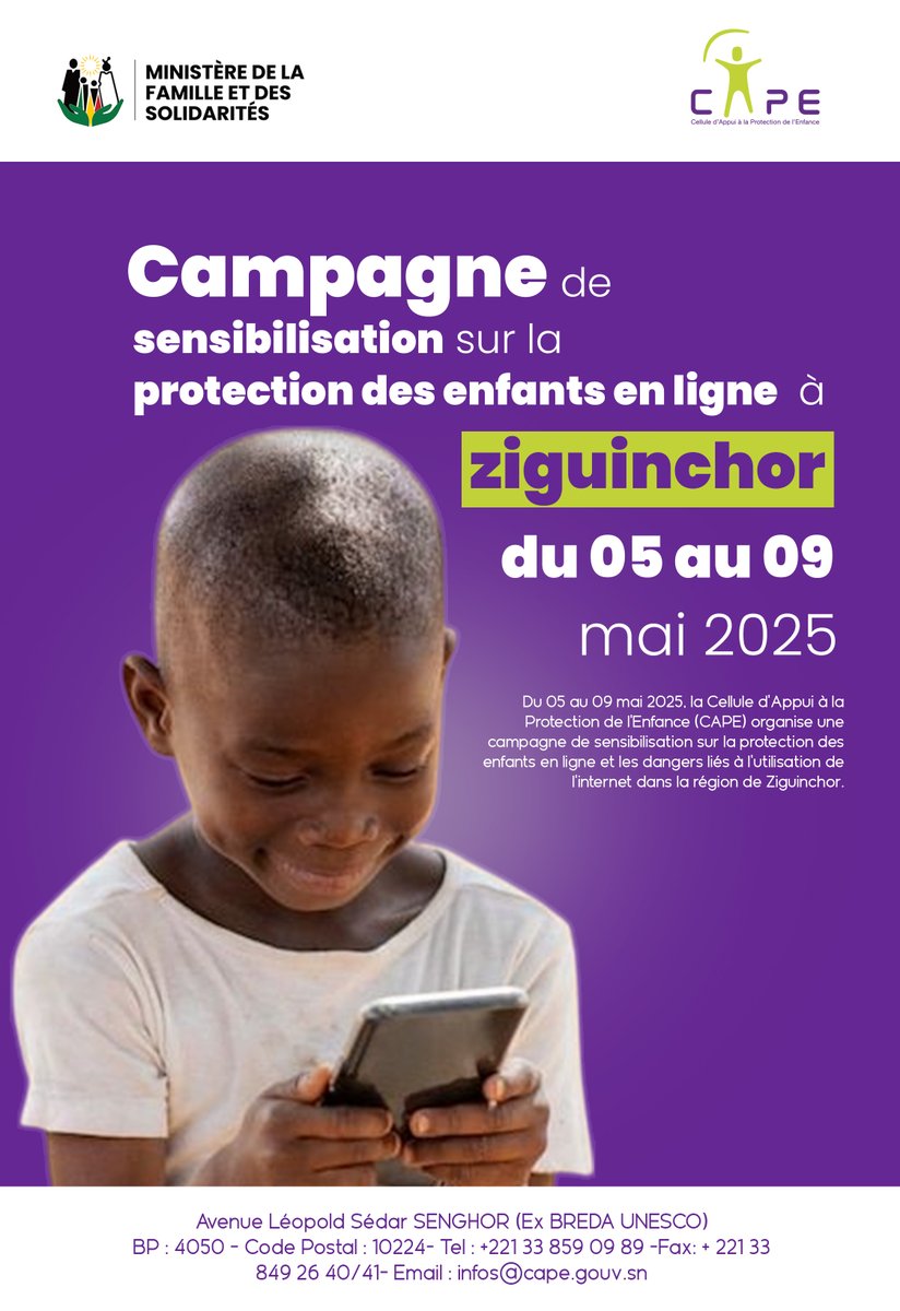 Caravane de sensibilisation à Ziguinchor !
Du 05 au 09 mai 2025 la CAPE, sous l’égide du Ministère de la Famille et des Solidarités, organise une campagne de sensibilisation sur la protection des enfants en ligne dans la région de Ziguinchor.