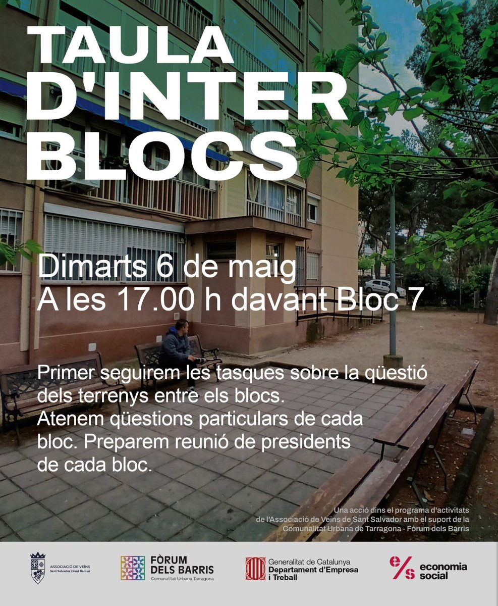 ComunalitatTgn's tweet image. Us compartim el cartell de la pròxima Taula d'Interblocs a Sant Salvador. Anima't i vine!

📆 Dimarts 6/05 a les 17h
📍Davant Bloc 7

@avsantsalvador

#comunitats #assembleaoberta #sansa