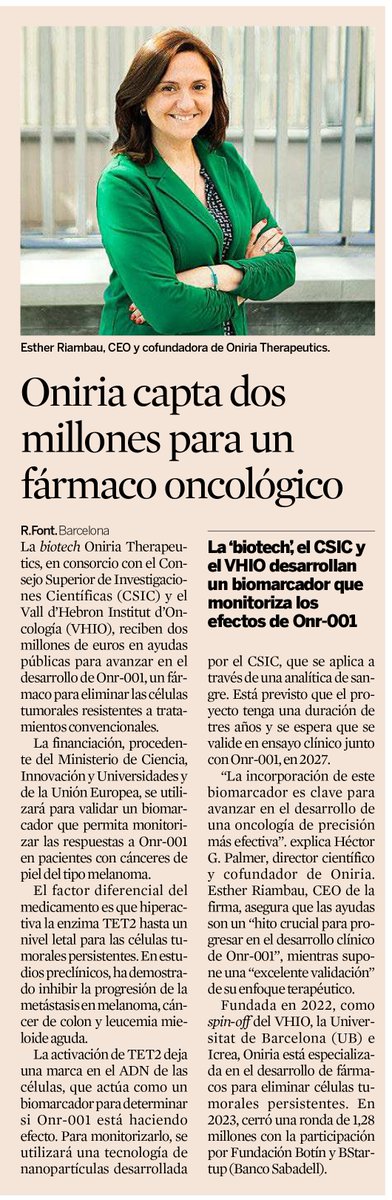 Oniria Therapeutics (@oniriatx) on Twitter photo Oniria Therapeutics, <a href="/CSIC/">CSIC</a> and <a href="/VHIO/">Vall d’Hebron Institute of Oncology (VHIO)</a> receive €2 M from the Ministry of Science and Innovation of Spain (<a href="/CienciaGob/">Ministerio de Ciencia, Innovación y Universidades</a>) to advance the development of the new drug #ONR001 for metastatic #melanoma. Learn more in <a href="/exp_catalunya/">Expansión Catalunya</a> 👇🏼
#funding #cancer #healthcare Oniria Therapeutics, <a href="/CSIC/">CSIC</a> and <a href="/VHIO/">Vall d’Hebron Institute of Oncology (VHIO)</a> receive €2 M from the Ministry of Science and Innovation of Spain (<a href="/CienciaGob/">Ministerio de Ciencia, Innovación y Universidades</a>) to advance the development of the new drug #ONR001 for metastatic #melanoma. Learn more in <a href="/exp_catalunya/">Expansión Catalunya</a> 👇🏼
#funding #cancer #healthcare