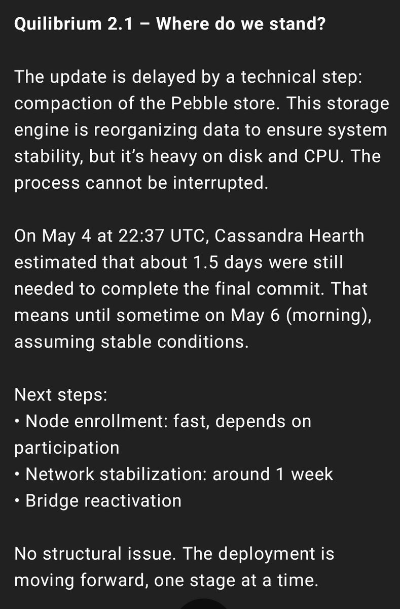 aeg0x's tweet photo. Why is the Quilibrium 2.1 update taking longer than expected?
The cause is known, the situation is under control, and the timeline is clearer.
Details, context, and next steps in the image.
#Quilibrium #devupdate #twopointone
$QUIL $wQUIL https://t.co/KFPJ9TUWid