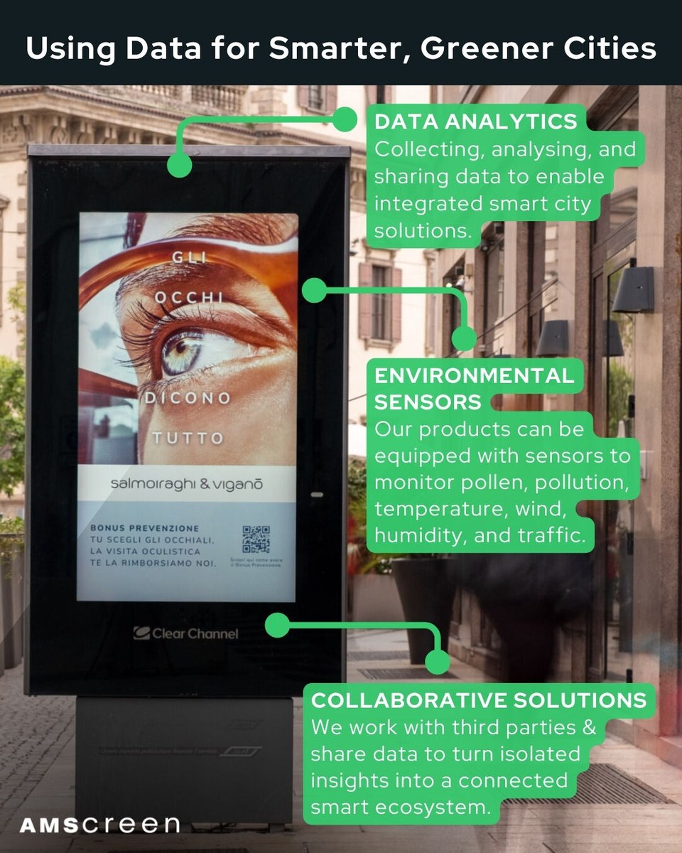 Our screens continuously monitor their surroundings, from pollution and traffic to noise levels. Providing cities with valuable insights to drive smarter decisions and targeted solutions. 

Learn more: bit.ly/4cZq48A 
 #dooh #smartcity #technology