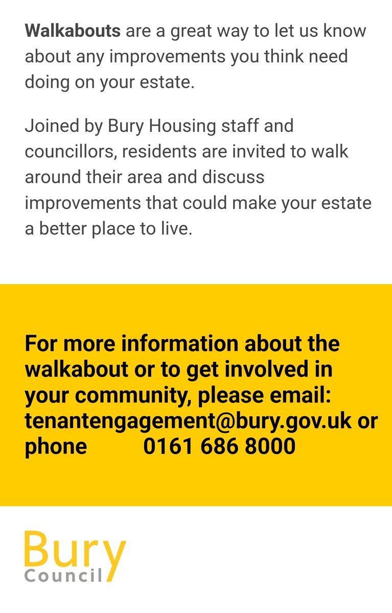 Walkabout with @burycouncil housing staff this Wed.
Local tenants welcome to attend,have your say