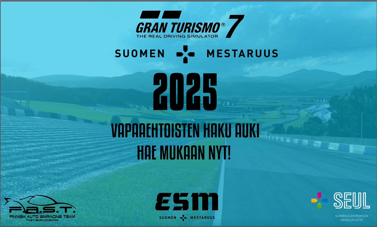 Tervehdys!

Syksyllä 2025 ajettavan Gran Turismo 7 eSM25-sarjan valmistelut ovat hyvässä vauhdissa. Työryhmä ei kuitenkaan yksin kykene sarjaa läpiviemään. Lisätietoa eri rooleista ja koko julkaisu: fast-simracing.com/discord

Kiitos etukäteen ja nähdään GT7eSM25 merkeissä!

#esm25