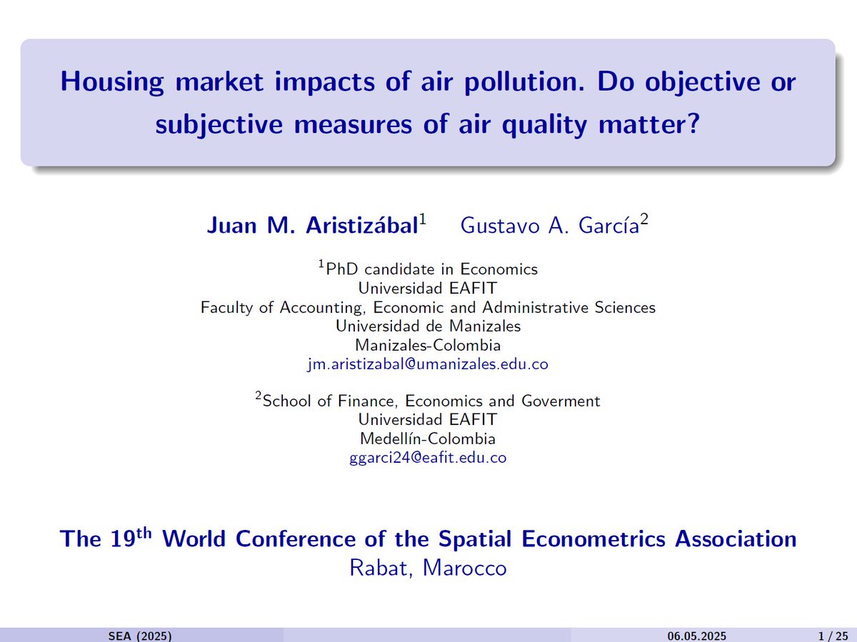 Juan M. Aristizábal (@aristizabal_jm) on Twitter photo Tomorrow, I’ll be talking about air pollution and housing rental prices in space at the World Conference of Spatial Econometrics in Rabat (Marocco). It's joint work with <a href="/gusgarciacruz/">Gustavo A. García</a> (<a href="/FEG_EAFIT/">Finanzas, Economía y Gobierno</a>). <a href="/umanizales/">Universidad de Manizales</a> #EconTwitter #RStats #rspatial Tomorrow, I’ll be talking about air pollution and housing rental prices in space at the World Conference of Spatial Econometrics in Rabat (Marocco). It's joint work with <a href="/gusgarciacruz/">Gustavo A. García</a> (<a href="/FEG_EAFIT/">Finanzas, Economía y Gobierno</a>). <a href="/umanizales/">Universidad de Manizales</a> #EconTwitter #RStats #rspatial