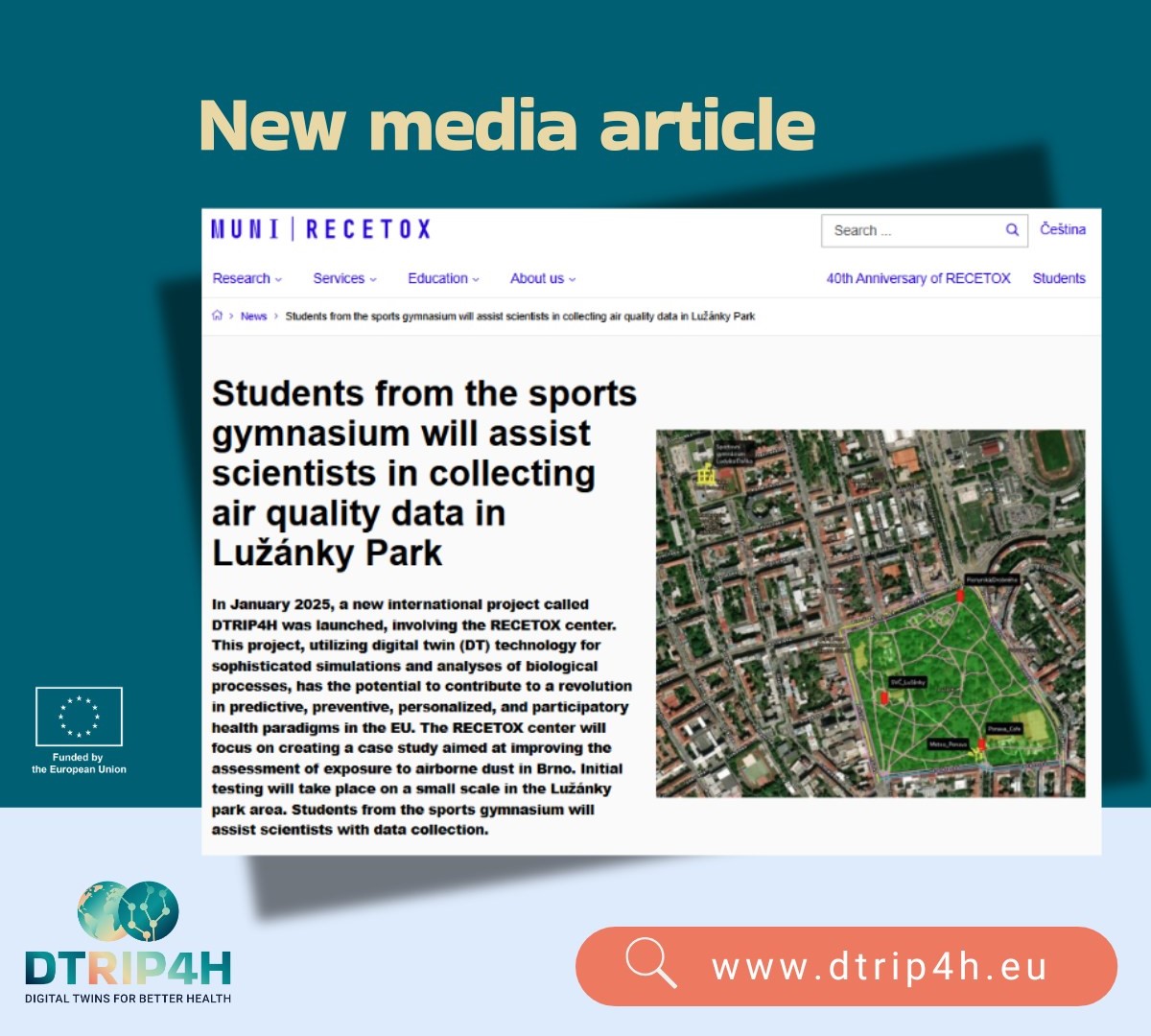 📒DTRIP4H article update! 
Students join scientists in Brno’s (Czech Republic) to advance air quality research through Digital Twin Technology.

Find the full ARTICLE TEXT on our website news: lnkd.in/erDGmJDw

<a href="/RECETOX/">RECETOX</a>  researchers 🤝 @Ondřej Mikeš and Simona Šatková