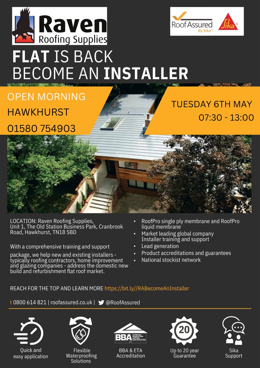 RavenRoofingSup's tweet photo. Sika will be at Raven Hawkhurst tomorrow. Come on down from 07:30-13:00 to speak to the team @sikalimited #singleply #flatisback #roofing #roofingsupplies #ravenroofingsupplies https://t.co/1xrweI00Lp