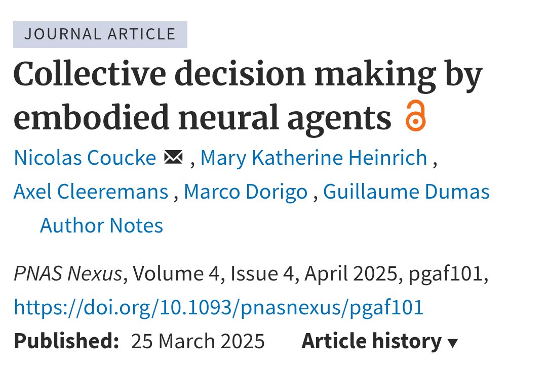 mktheinrich's tweet image. Our newest article:

Collective Decision Making by Embodied Neural Agents

Available open-access from PNAS Nexus:
doi.org/10.1093/pnasne…

Congratulations and thanks to all our co-authors, especially @CouckeNicolas who initiated and led the study!!