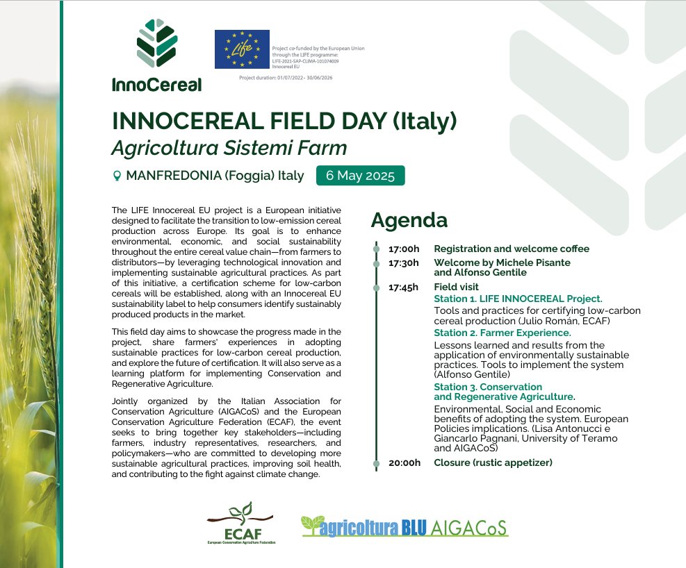 Life_Innocereal's tweet image. 🌾 On May 6 in Manfredonia 🇮🇹: INNOCEREAL FIELD DAY
Join us to explore low-carbon cereal farming, meet innovators & see real practices in the field
🕔 17:00h | 📍Agricoltura Sistemi Farm
🍞 Ends with a rustic appetizer!
@LIFEprogramme #LIFEProject #SustainableFarming #EUAgri