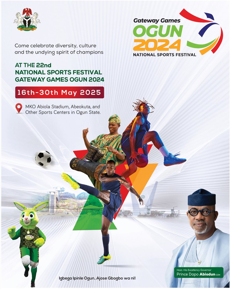 gatewaygames_24's tweet photo. Come celebrate diversity, culture and the undying spirit of champions at the 22nd NATIONAL SPORTS FESTIVAL GATEWAY GAMES OGUN 2024. 

🗓️16th-30th May 2025

📍MKO Abiola Stadium, Abeokuta, and Other Sports Centers in Ogun State.

Igbega pinle Ogun, Ajose Gbogbo wa ni! https://t.co/Qy2PFUKn8q