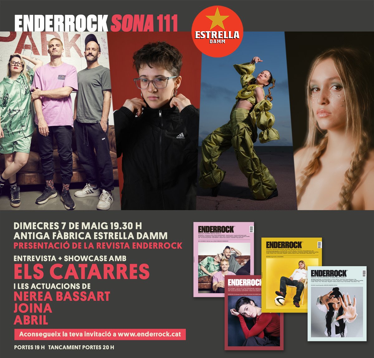 Enderrock (@enderrock) on Twitter photo 💥 Vine a l'ENDERROCK SONA 💥
Aquest dimecres 7 de maig a les 19h serem a l'Antiga Fàbrica <a href="/EstrellaDammCat/">Estrella Damm Cat</a> amb els concerts d'<a href="/elscatarres/">ELS CATARRES 🪂 PARACAIGUDISTES</a>, #NereaBassart, <a href="/Joinacanyet/">JOINA</a> i #Abril ✨
Invitacions 👇🏻👇🏻👇🏻
enderrock.cat/noticia/29518/… 💥 Vine a l'ENDERROCK SONA 💥
Aquest dimecres 7 de maig a les 19h serem a l'Antiga Fàbrica <a href="/EstrellaDammCat/">Estrella Damm Cat</a> amb els concerts d'<a href="/elscatarres/">ELS CATARRES 🪂 PARACAIGUDISTES</a>, #NereaBassart, <a href="/Joinacanyet/">JOINA</a> i #Abril ✨
Invitacions 👇🏻👇🏻👇🏻
enderrock.cat/noticia/29518/…