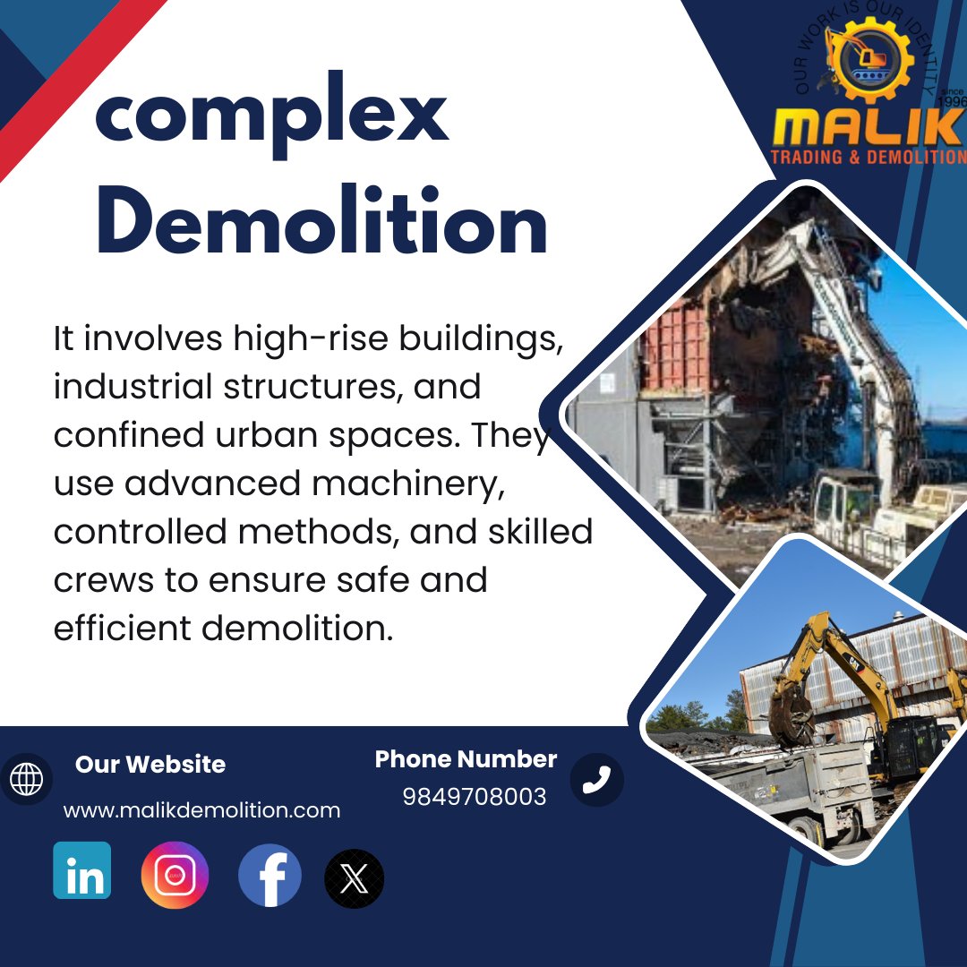 MalikDemoli96's tweet image. Complex demolition involves the careful dismantling of structures with challenging conditions, such as proximity to other buildings, hazardous materials, or structural instability.#ComplexDemolition
#ControlledDemolition
#DemolitionExperts
#StructuralDemolition