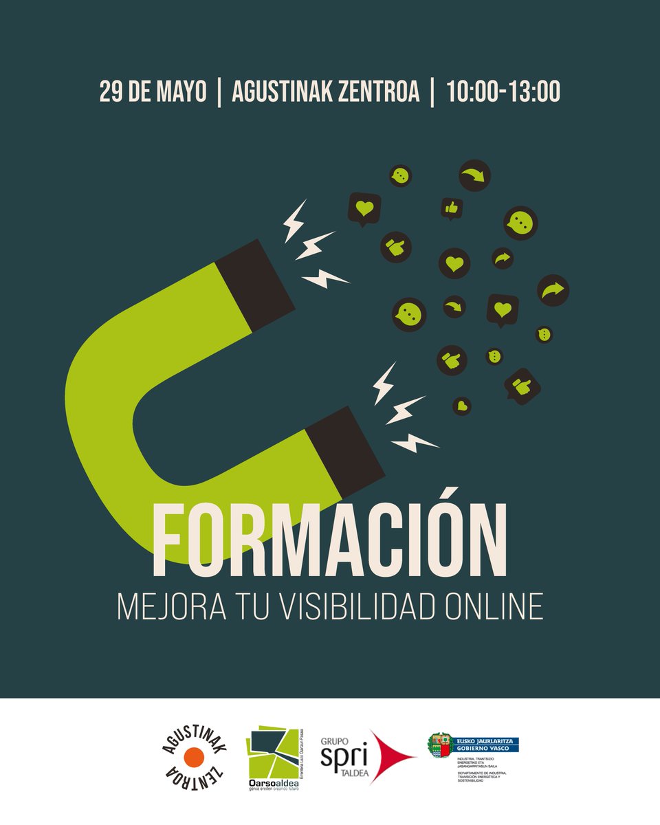 𝗠𝗘𝗝𝗢𝗥𝗔 𝗧𝗨 𝗩𝗜𝗦𝗜𝗕𝗜𝗟𝗜𝗗𝗔𝗗 𝗢𝗡𝗟𝗜𝗡𝗘 
📢 ¡Curso gratuito para autónomos y pymes!  
 29 de mayo 
🕙 De 10:00 a 13:00 
📍 Agustinak Zentroa  

𝗢𝗿𝗴𝗮𝗻𝗶𝘇𝗮𝗻: Agustinak Zentroa | Oarsoaldea | SPRI | Gobierno Vasco  

¡Inscríbete!  oarsoaldea.eus/agenda