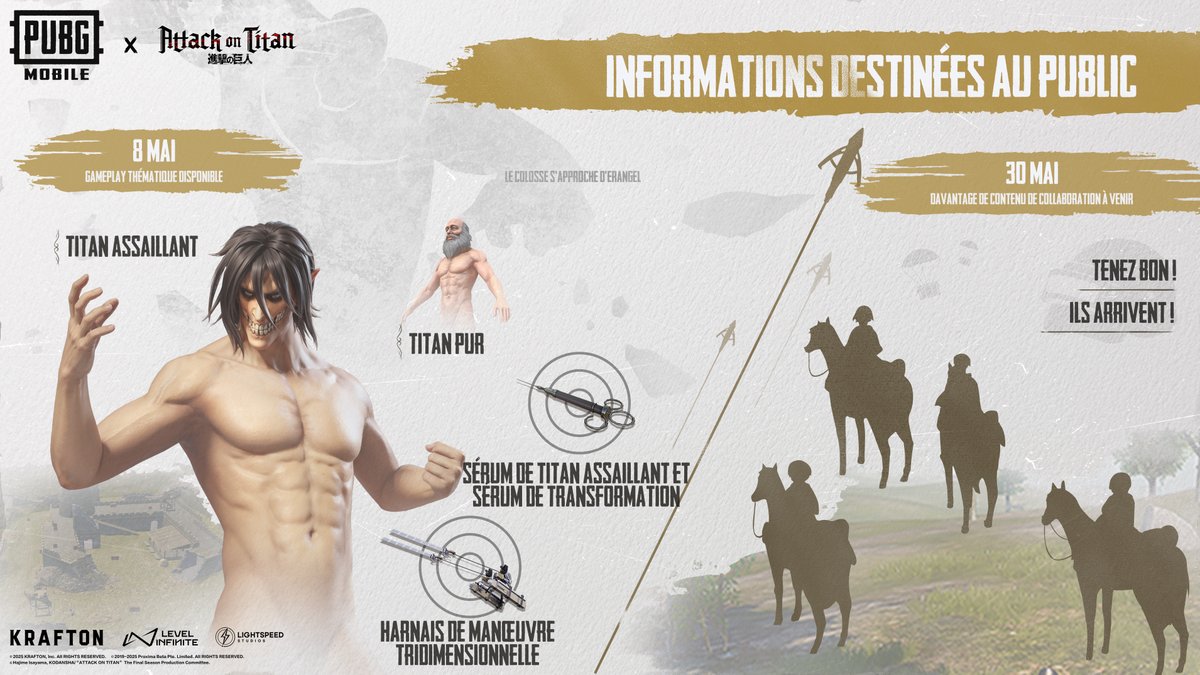 PUBG MOBILE x Attack on Titan c'est bientôt ! ⌛

Prépare-toi : pubgmobile.live/AttackOnTitan2…

#PUBGMOBILE #PUBGMFR #PUBGMxAttackOnTitan #snk