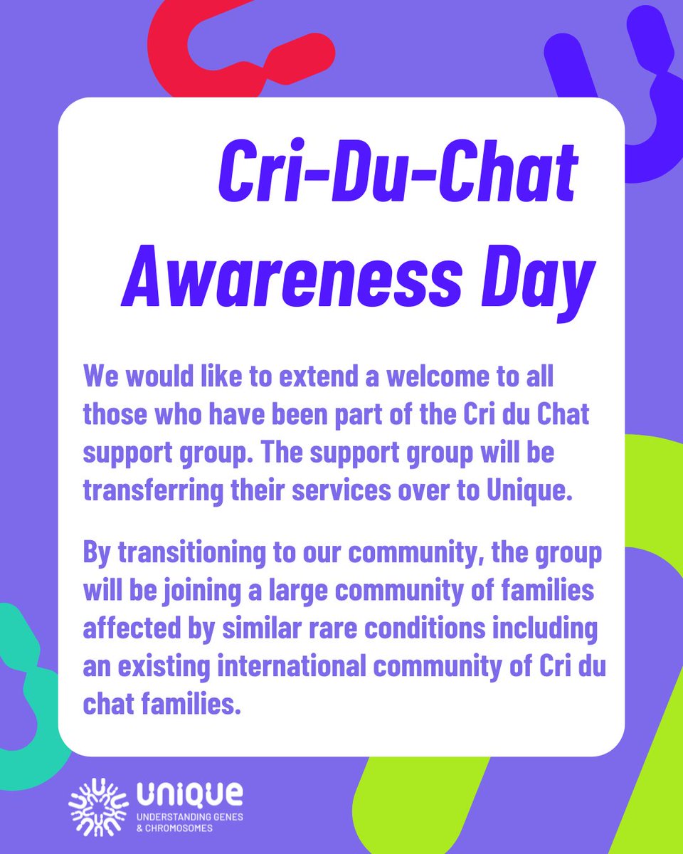 Unique (@unique_charity) on Twitter photo Today is Cri-du-chat Awareness Day.
Unique would like to extend a welcome to all those transferring from the Cri du Chat Support Group.
To sign up to Unique, email our helpline team, help@rarechromo.org or complete the form on our website: rarechromo.org/join-us/ Today is Cri-du-chat Awareness Day.
Unique would like to extend a welcome to all those transferring from the Cri du Chat Support Group.
To sign up to Unique, email our helpline team, help@rarechromo.org or complete the form on our website: rarechromo.org/join-us/