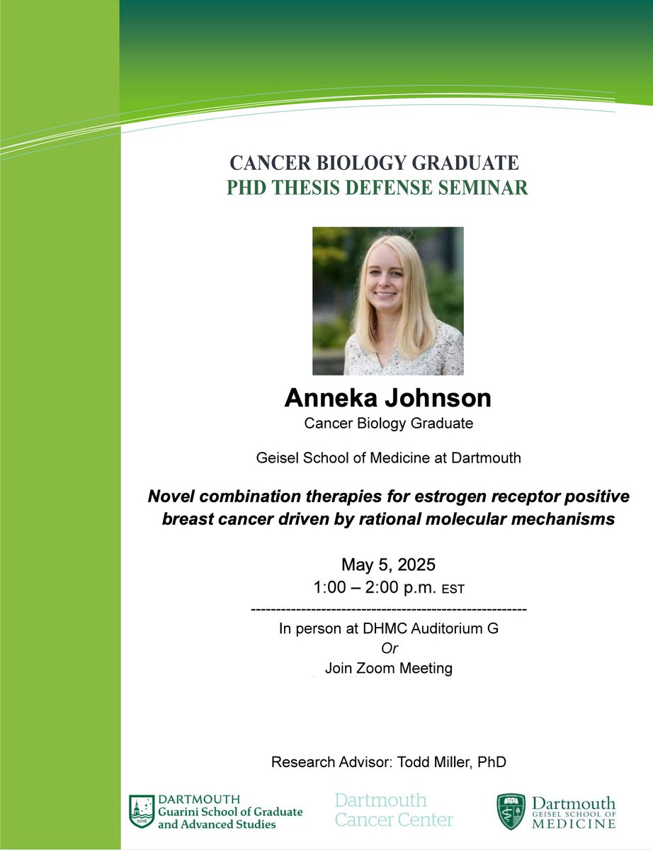 Dartmouth MCB Graduate Program (@mcbdartmouth) on Twitter photo π¨ Thesis seminar alert x2 for TODAY!
- Xhoela Bame (<a href="/bobalhill/">Robert Hill</a> Lab) presents at 9am in Chilcott
- Anneka Johnson (Miller Lab) presents at 1pm in Auditorium G
π©βπ¬
More announcements coming for this week! π¨ Thesis seminar alert x2 for TODAY!
- Xhoela Bame (<a href="/bobalhill/">Robert Hill</a> Lab) presents at 9am in Chilcott
- Anneka Johnson (Miller Lab) presents at 1pm in Auditorium G
π©βπ¬
More announcements coming for this week!