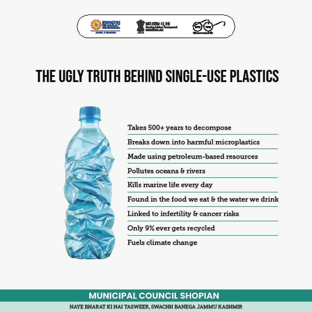 MCShopian's tweet photo. THE UGLY TRUTH BEHIND SINGLE-USE PLASTICS
Takes 500+ years to decompose
Breaks down into harmful microplastics
Made using petroleum-based resources
Pollutes oceans &amp; rivers
Kills marine life every day
Found in the food we eat &amp; the water we drink
@dmshopian 
@DULBKASHMIR https://t.co/Fb10o2CG8c