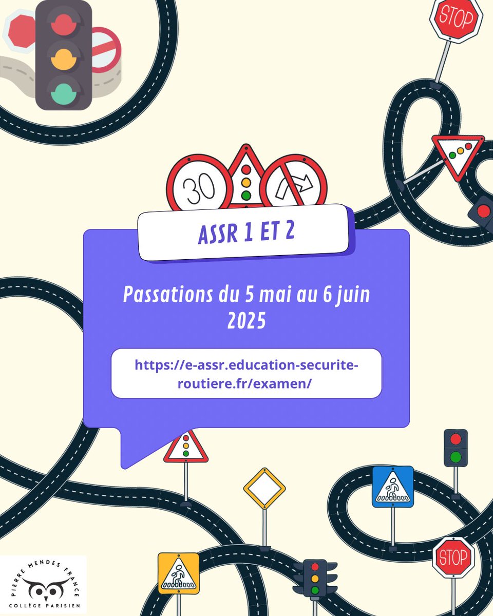 🛣️ 🛵 Cette semaine est marquée par la passation de l’ #ASSR 1 et 2 pour les élèves de 5e et 3e.

Bonnes épreuves aux élèves !