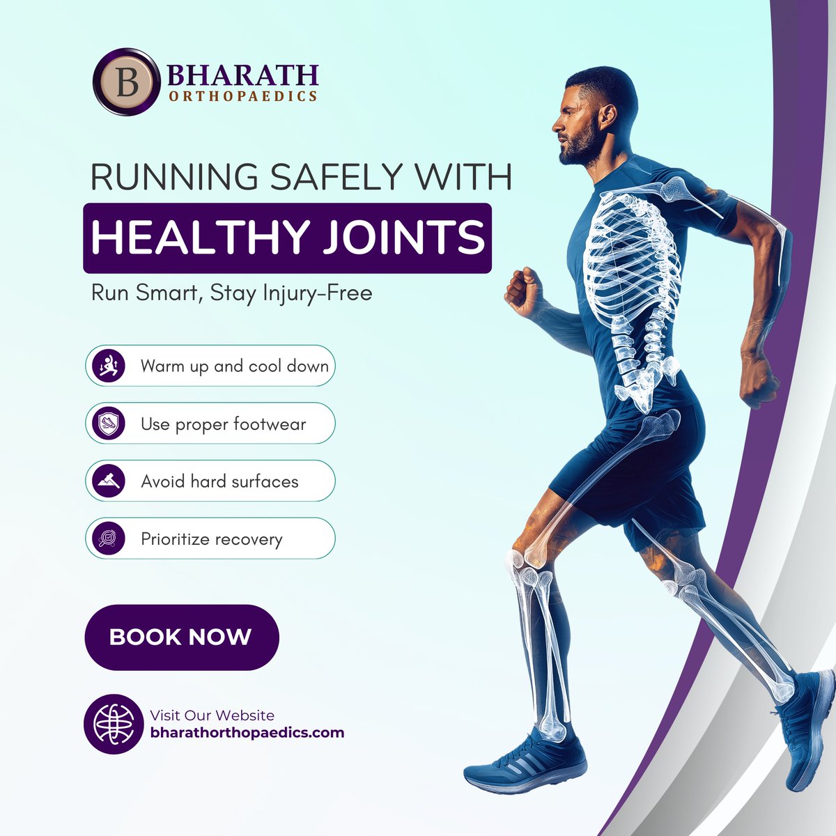 Dr. BHARATH. L (@bharathortho) on Twitter photo Running Safely with Healthy Joints
Run Smart, Stay Injury-Free
๐โโ๏ธ Warm up and cool down
๐ Use proper footwear
๐ฟ Avoid hard surfaces
๐ค Prioritize recovery
Prevent runnerโs knee and stress fractures!
๐ Call: +91 96627 36666
๐ Visit: bharathorthopaedics.com
#BharathOrthopaedics Running Safely with Healthy Joints
Run Smart, Stay Injury-Free
๐โโ๏ธ Warm up and cool down
๐ Use proper footwear
๐ฟ Avoid hard surfaces
๐ค Prioritize recovery
Prevent runnerโs knee and stress fractures!
๐ Call: +91 96627 36666
๐ Visit: bharathorthopaedics.com
#BharathOrthopaedics
