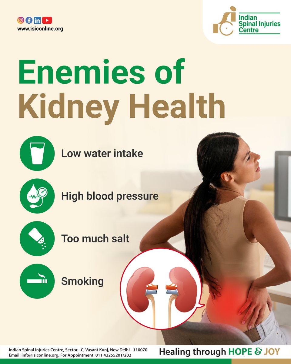 isic_healthcare's tweet image. Your kidneys work 24/7—don’t make their job harder. Low water intake, excess salt in your diet, smoking, and high blood pressure are their worst enemies. Stay hydrated, eat smart, and live smoke-free.

#ISIC #KidneyHealth #LiveHealthy #HealthTips