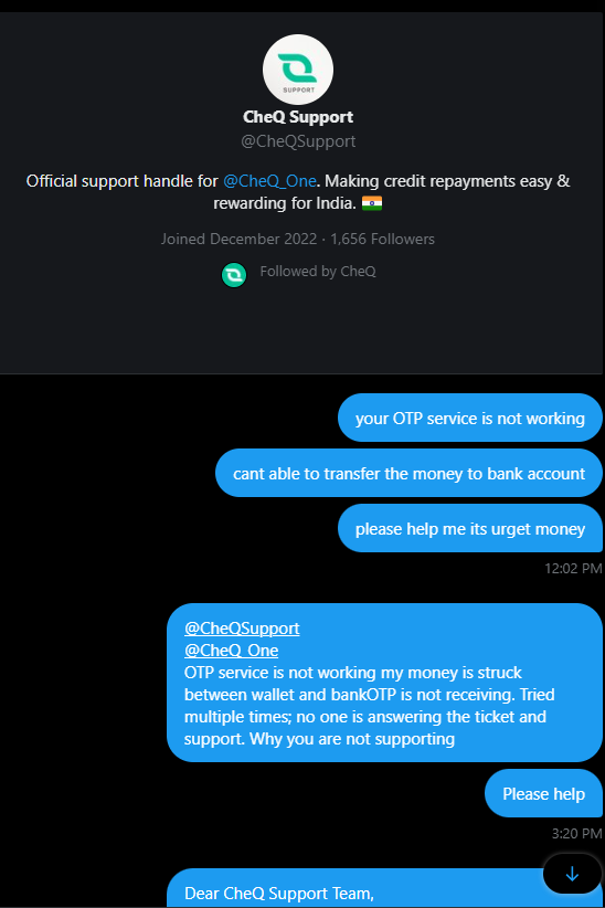 mraj7188's tweet photo. @CheQ_One @CheQSupport My money is STUCK between my wallet &amp; bank due to OTP failure. No OTP received despite multiple tries. Support tickets are being ignored. This is unacceptable. @RBI @NPCI_NPCI @consumerforum_ @GoI_MeitY @ceo_cheq  Please intervene. https://t.co/AQDIgKbwQ3