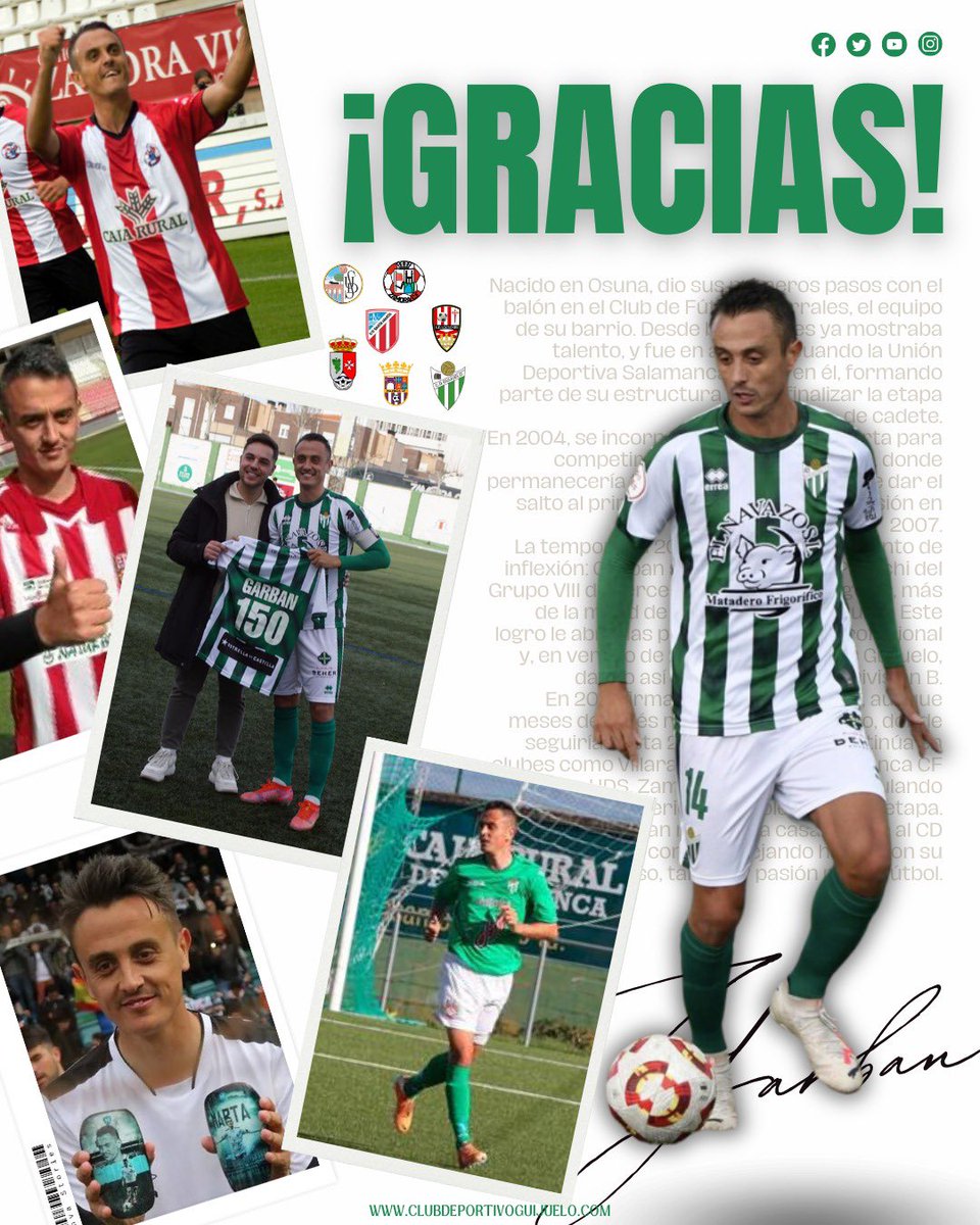 🔚 Después de cosechar grandes éxitos a lo largo de su carrera, 𝐒𝐞𝐫𝐠𝐢𝐨 𝐒𝐚𝐧𝐜𝐡𝐞𝐳 𝐆𝐨𝐦𝐞𝐳 “𝐆𝐚𝐫𝐛𝐚𝐧” cuelga las botas 👋🏽

¡Te deseamos todo lo mejor en el futuro y gracias por tus años con la camiseta del <a href="/clubdepguijuelo/">Club Deportivo Guijuelo</a>, <a href="/SergioGarban7/">Sergio Sanchez</a> ! 💚

#50AñosDeHistoria |