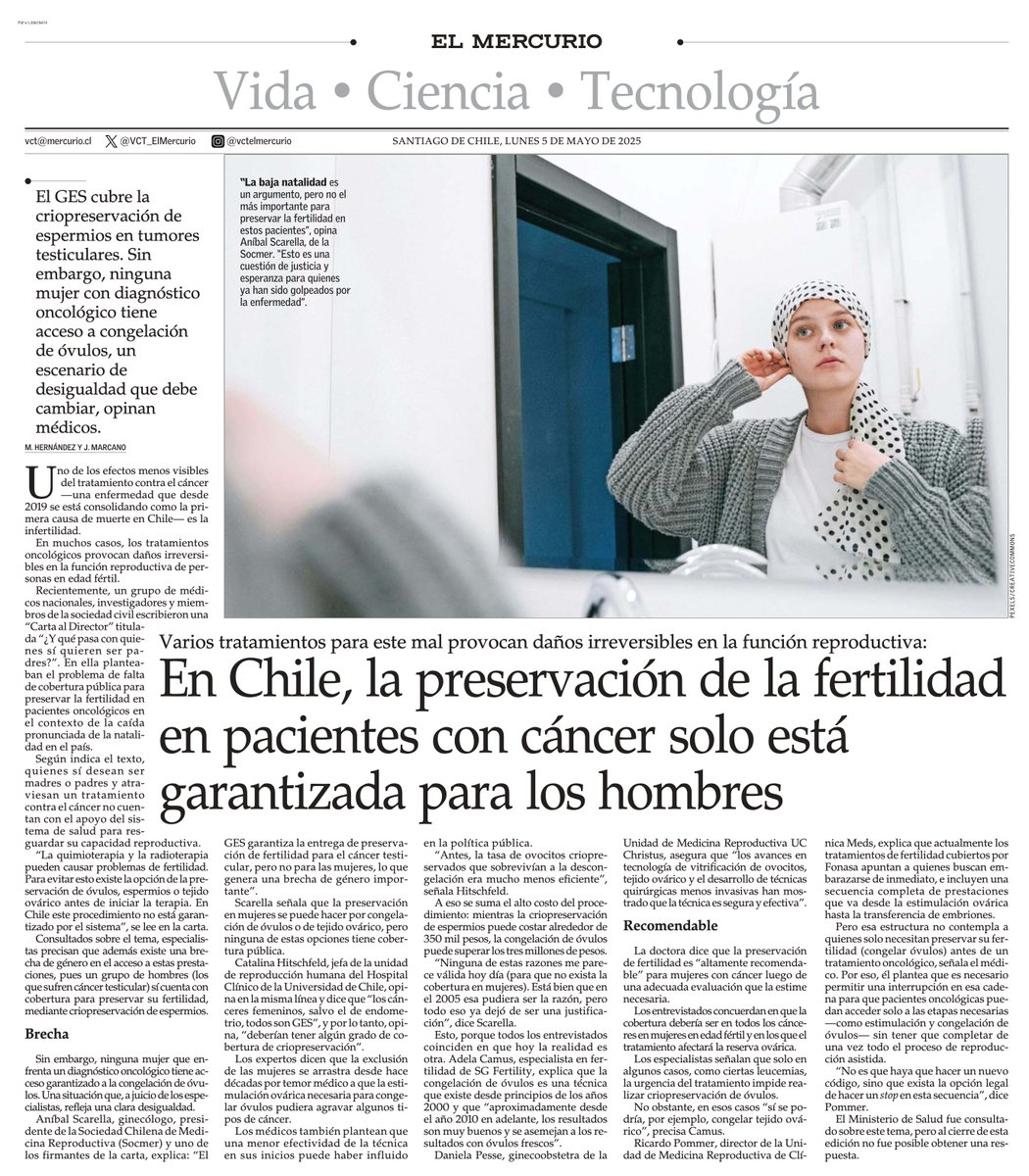 En Chile, la preservación de la fertilidad en pacientes con cáncer solo está garantizada para los hombres. #VCTElMercurio shorturl.at/G7zbA