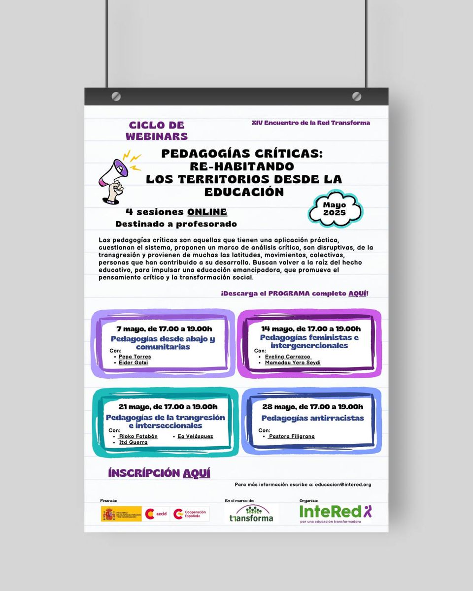 Movimiento 4.7 (@movimiento4_7) on Twitter photo Repost <a href="/InteRed_ong/">✳️ Fundación InteRed</a>
🎓 CICLO DE WEBINARS
🧠 Exploraremos pedagogías comunitarias, feministas, interseccionales y antirracistas
🗓️ 4 sesiones online | Todos los miércoles de mayo | 17:00 a 19:00h
🔗 Inscripciones: forms.office.com/e/YH1bVpxCvf Repost <a href="/InteRed_ong/">✳️ Fundación InteRed</a>
🎓 CICLO DE WEBINARS
🧠 Exploraremos pedagogías comunitarias, feministas, interseccionales y antirracistas
🗓️ 4 sesiones online | Todos los miércoles de mayo | 17:00 a 19:00h
🔗 Inscripciones: forms.office.com/e/YH1bVpxCvf