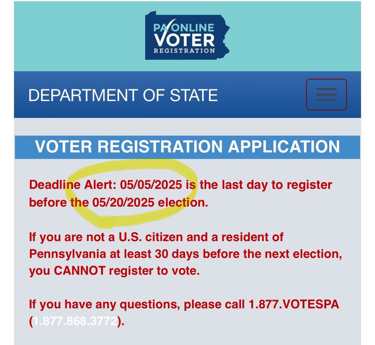 ‼️DEADLINE ALERT‼️

Today is the LAST day to register to vote or change your party affiliation for the 👉Pennsylvania👈 primary on May 20th. 

We are expecting a very low turnout for the primary. 

Don’t miss out on this opportunity to choose your candidates for November.