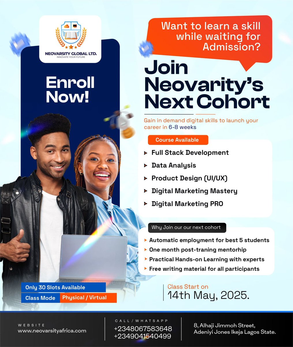 NeovarsityA's tweet image. 𝐅𝐫𝐨𝐦 𝐬𝐭𝐮𝐜𝐤 𝐭𝐨 𝐭𝐡𝐫𝐢𝐯𝐢𝐧𝐠!
𝐓𝐨𝐩 𝟓 𝐬𝐭𝐮𝐝𝐞𝐧𝐭𝐬 𝐠𝐞𝐭 𝐢𝐧𝐬𝐭𝐚𝐧𝐭 𝐣𝐨𝐛𝐬/𝐨𝐮𝐭𝐬𝐨𝐮𝐫𝐜𝐢𝐧𝐠!
Tag your friends & 𝘤𝘭𝘪𝘤𝘬 𝘵𝘩𝘦 𝘭𝘪𝘯𝘬: forms.gle/AnQEtXo2fT4iBQ…
#TechSkills #LearnTech #DigitalSkills #RemoteJobs
#NYSCtoTech