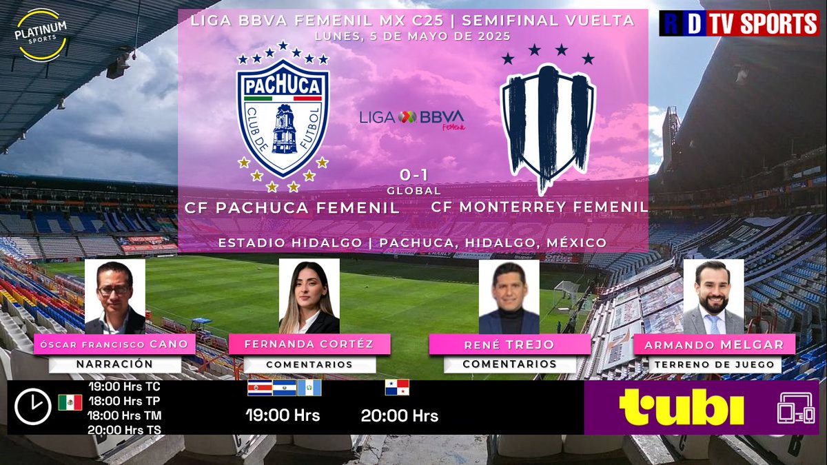 Ramón Valencia 🎮 🇲🇽 (@ramonovic09) on Twitter photo 🇲🇽 #LigaBBVAMXFemenil 2025 #Semifinal Vuelta | <a href="/TuzosFemenil/">Club Pachuca Femenil</a> 🆚 <a href="/Rayadas/">Rayadas</a>
#Pachuca #Rayadas
🗓️ Hoy
🇲🇽⏰ 19:00 Hrs TC, 18:00 Hrs TP
🇨🇷🇸🇻🇬🇹 19:00 Hrs
🇵🇦 20:00 Hrs
📱💻 <a href="/FOXDeportes/">FOX Deportes</a> en <a href="/tubi_mx/">Tubi México</a>
🎤 <a href="/Oscar_F_Cano/">Oscar Francisco Cano</a>
🎤📝 <a href="/FernandaCortezM/">Fernanda Cortez</a>
🎤📝 <a href="/renetrejo19/">René Trejo</a>
🎤⛳️ <a href="/Armand_Mel91/">Armando Melgar</a>
🤳 🇲🇽 #LigaBBVAMXFemenil 2025 #Semifinal Vuelta | <a href="/TuzosFemenil/">Club Pachuca Femenil</a> 🆚 <a href="/Rayadas/">Rayadas</a>
#Pachuca #Rayadas
🗓️ Hoy
🇲🇽⏰ 19:00 Hrs TC, 18:00 Hrs TP
🇨🇷🇸🇻🇬🇹 19:00 Hrs
🇵🇦 20:00 Hrs
📱💻 <a href="/FOXDeportes/">FOX Deportes</a> en <a href="/tubi_mx/">Tubi México</a>
🎤 <a href="/Oscar_F_Cano/">Oscar Francisco Cano</a>
🎤📝 <a href="/FernandaCortezM/">Fernanda Cortez</a>
🎤📝 <a href="/renetrejo19/">René Trejo</a>
🎤⛳️ <a href="/Armand_Mel91/">Armando Melgar</a>
🤳