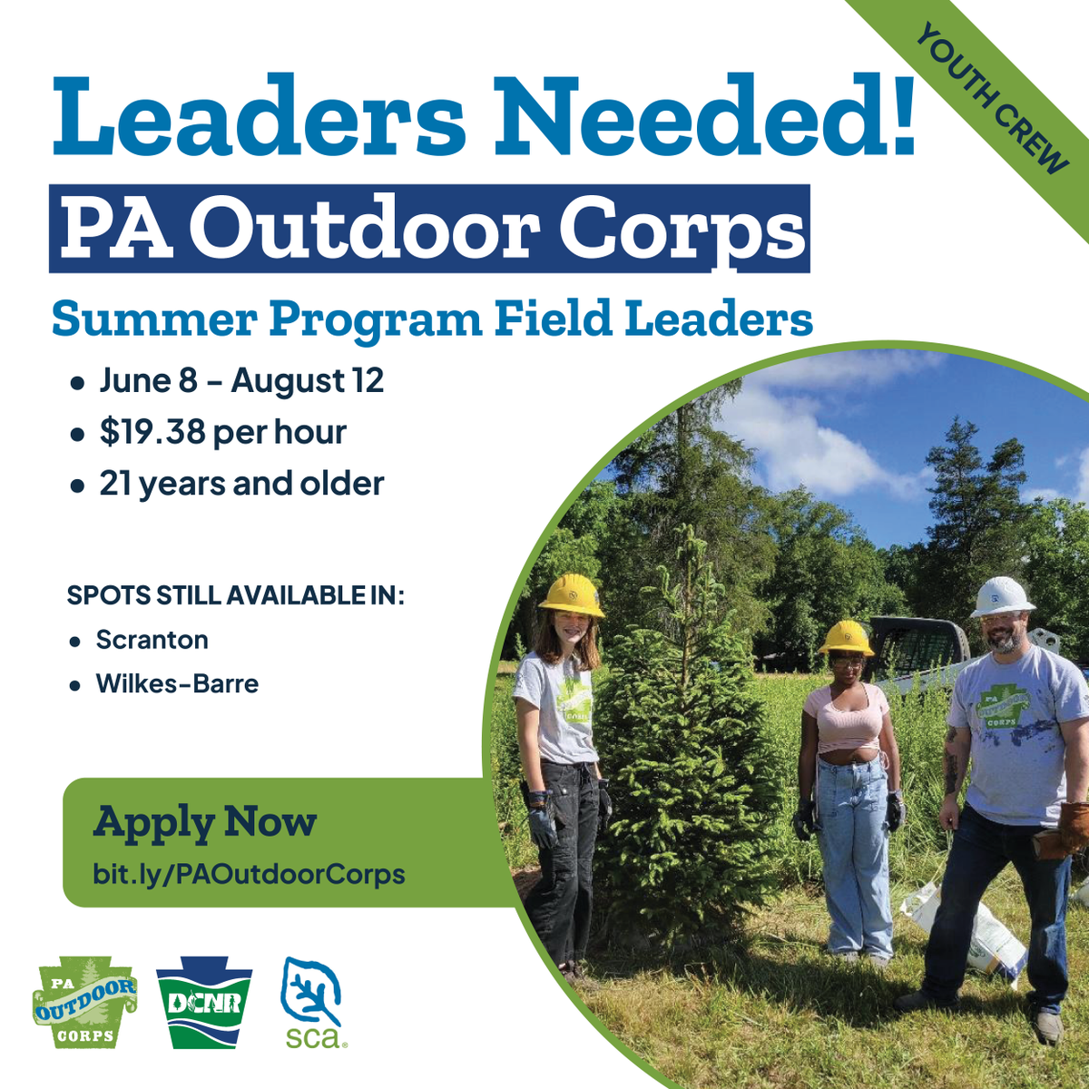 We're looking for champions of conservation to join our PA Outdoor Corps crews as Youth Crew Leaders in Scranton and Wilkes-Barre.

Apply now → bit.ly/PAOutdoorCorps

<a href="/the_sca/">SCA</a>