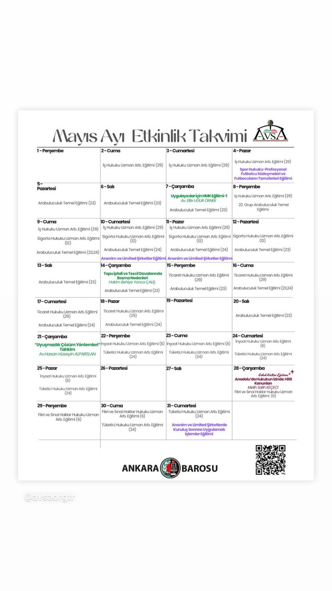 Ankara Barosu Avukatlık ve Staj Akademisi Mayıs ayı etkinlik takvimi yayında! 
Etkinliklere katılım için her etkinliğe özgü kayıt prosedürünün tamamlanması gerekmektedir.
Kayıt için: bit.ly/3G2vhzS
<a href="/ankarabarosu/">Ankara Barosu</a> <a href="/muskoroglu/">Av. Mustafa Köroğlu</a> <a href="/basaksonmez/">başak</a>
